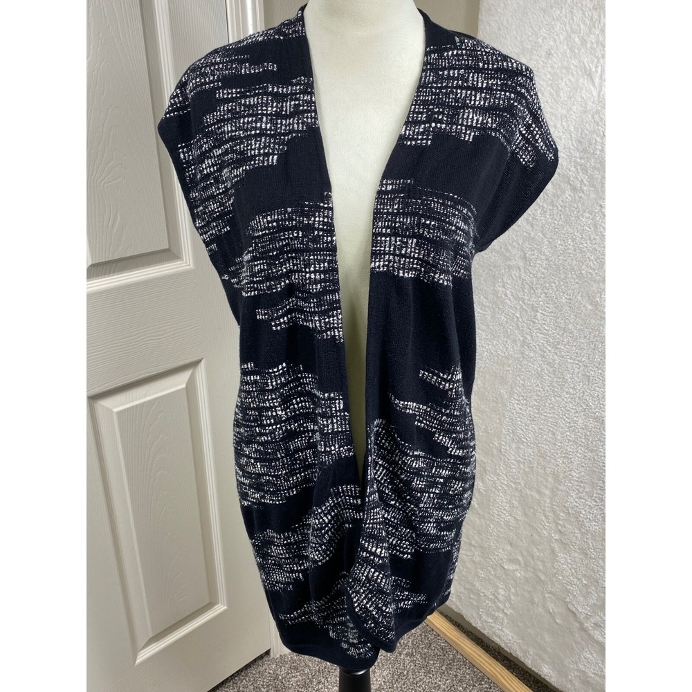 Chico's Open Front Cardigan Sleeveless Duster Knit Black White Size 2 (L)
